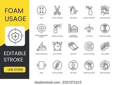 Instructions for using polyurethane foam, vector line icon set with editable stroke, Moisten with water and cut off the nozzle, clean the surface and , apply foam and shake, fill the gap.