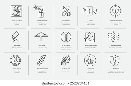 Instructions for using polyurethane foam, vector line icon set with editable stroke, Clean the surface and moisten with water, apply foam cut and off the nozzle, shake and secure the elements.