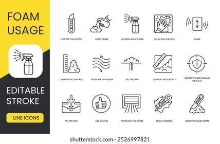 Instructions for using polyurethane foam, vector line icon set with editable stroke, Clean the surface and moisten with water and apply foam, cut off the nozzle and shake, fill the gap