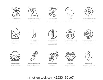 Instructions for using polyurethane foam, vector line icon set with editable stroke, Clean the surface and moisten with water, apply foam cut and off the nozzle, shake and secure the elements.