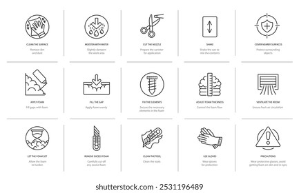 Instructions for using polyurethane foam, vector line icon set with editable stroke, Clean the surface and moisten with water, apply foam cut and off the nozzle, shake and secure the elements.