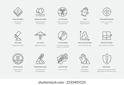 Instructions for using polyurethane foam, vector line icon set with editable stroke, Clean the surface and moisten with water, apply foam cut and off the nozzle, shake and secure the elements.