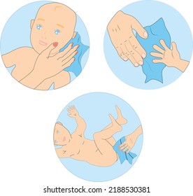 Instructions for using wet wipes. Wiping baby with a tissue. Personal hygiene