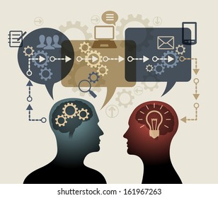 Instructive concepts and ideas. Two silhouettes of people surrounded by speech bubbles, gears, arrows and icons. The file is saved in the version AI10 EPS. This image contains transparency.