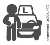 Instructor and company car solid icon, learners permit concept. Vector graphics. Man with driving school vehicle, driving sign on white background, glyph style icon of mobile or web design