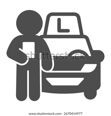 Instructor and company car solid icon, learners permit concept. Vector graphics. Man with driving school vehicle, driving sign on white background, glyph style icon of mobile or web design