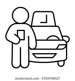 Icono de la línea delgada del coche del instructor y de la compañía, concepto del permiso de los estudiantes. Gráficos de Vector. Hombre con el vehículo de la escuela de conducción, señal de conducción en el fondo blanco, icono del estilo del contorno del móvil o del Diseño web