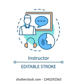 Instructor concept icon. Educator, tutor, teacher. Studying idea thin line illustration. Language, public speaking courses. Communication skills. Vector isolated outline drawing. Editable stroke