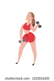 Instructor. Cute girl, sportswoman with yellow whistle, in shorts and sports brassiere. Holds dumbbells. Character illustration isolated on white background. People vector illustration in flat style.