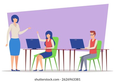 Instrutor discutindo tópicos com os alunos em ambiente de sala de aula. Um estudante levantando a mão para fazer uma pergunta enquanto outro escutando atentamente