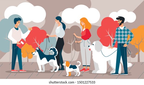 Instructor and Dog Breeder Team with Dogs. Vector Illustration. Free Time. Development and Hobby. Group Classes. Modern Hobby. Animal Training. Owners and Dog Handler in Park. Different Breeds Animals