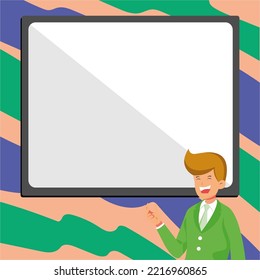 Instructor Drawing Pointing Stick On Empty Whiteboard While Holding Cup. Professor Holding Pointer At The Board Showing New Information.