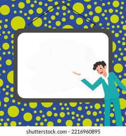 Instructor Drawing Pointing Stick On Empty Whiteboard While Holding Cup. Professor Holding Pointer At The Board Showing New Information.