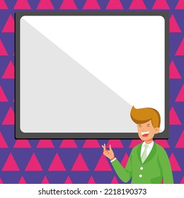 Instructor Drawing Pointing Stick On Empty Whiteboard While Holding Cup. Professor Holding Pointer At The Board Showing New Information.