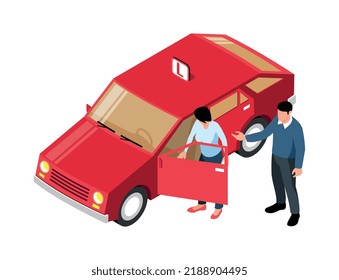Instructor and driving school student getting into car 3d isometric vector illustration