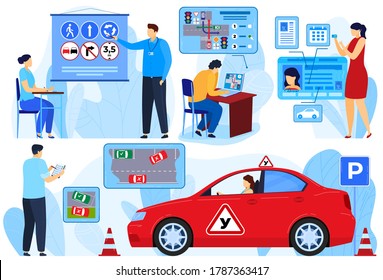 Examen de instructores para el conductor de coche, la gente aprende reglas juego de ilustraciones vectoriales. Caricatura llana mujer hombre personaje estudiantil aprendiendo a conducir en la clase de la escuela, profesor enseña aislado en blanco