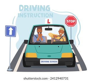 El Instructor Guia A Novice, Impartiendo Habilidades Esenciales De Conducción. Explica Con Paciencia Las Reglas, Las Maniobras, Garantizando Un Aprendizaje Seguro Y Seguro Para El Aspirante Viaje Del Conductor Por La Carretera. Ilustración vectorial