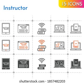 instructor icon set. included professor, learn, book, student-tablet, login icons on white background. linear, bicolor, filled styles.