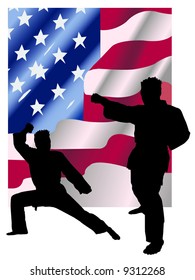 Instructor Keith practicing karate in front of American flag