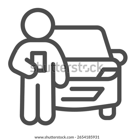 Instructor man with car vehicle line icon, driver license concept. Vector graphics. Man with test paper and transport sign on white background, outline style icon for mobile or web design