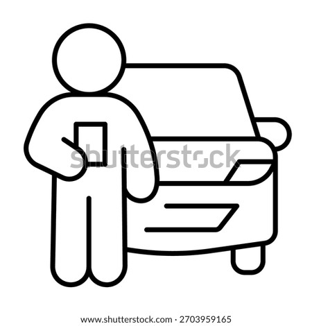 Instructor man with car vehicle thin line icon, driver license concept. Vector graphics. Man with test paper and transport sign on white background, outline style icon for mobile or web design