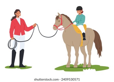 El Instructor Guía Pacientemente Al Niño En El Manejo De Caballos, El Fomento De La Confianza Y El Equilibrio. Con Un Suave Fomento, Crean Un Entorno De Aprendizaje Seguro Y Alegre Para Los Jóvenes Jóvenes.