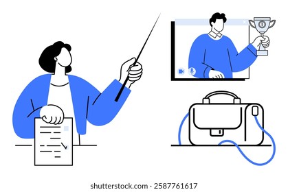 Instructor with pointer and papers teaching, virtual participant holding trophy on screen, and a briefcase. Ideal for online learning, remote training, coaching, webinars, virtual meetings, corporate