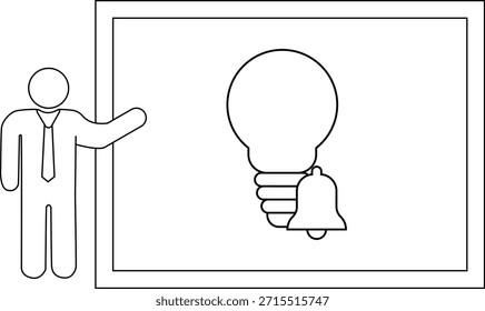 Um instrutor apresenta um quadro-negro com uma lâmpada e um desenho de sino