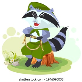 Instructor raccoon boy scout shows how to tie knot on rope. Vector cartoon illustration isolated on white