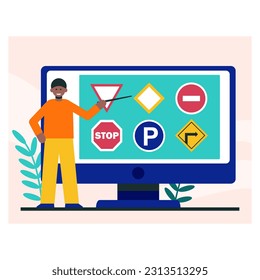 Der Instruktor zeigt die Hauptverkehrsschilder auf dem Bildschirm an. Männlicher Charakter spricht über Verkehrsregeln. Fahrschulunterricht. Vektorgrafik-Unterrichtsmaterial