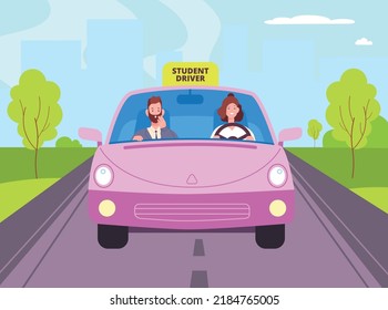 Instructor and student in car. Confident learner driver with inspector passenger exam driving road, auto test education drive rules automobile, vector illustration of driver instructor and student