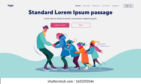 Instructor teaching kids to skate. Chain of children skating on ice flat vector illustration. Ice rink, winter outdoor activity, vacation concept for banner, website design or landing web page