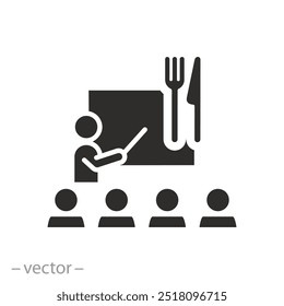 instructor vegan nutrition icon, diet food workshop, training health eat, menu layout, superfood concept, flat vector illustration