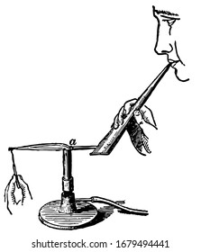 An instrument by which a current of air or gas is driven through the flame of a lamp candle or gas jet, vintage line drawing or engraving illustration.