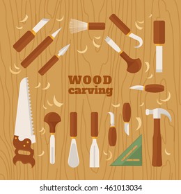 Instrument for carving. The chisels set on wood texture. Flat vector illustration