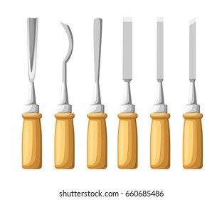 Instrument for carving. The chisels set on wood texture. Flat vector illustration.