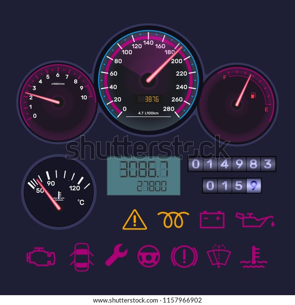 Instrument dashboard, with vehicle\
tachometer, car speedometer, scale of level gasoline, distance in\
kilometers, chrome-plated neon board. Technological sensor panel\
with arrows. Vector\
illustration.