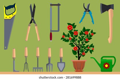 Instrument for gardening flowerpot watering can ax and saw. Eps10 vector illustration