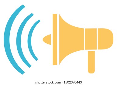 Instrument With Handle Megaphone, Isolated Icon Of Bullhorn Media Advertising And Promotion. Golden Tool With Waves And Loud Sound Noise. Vector Illustration In Flat Cartoon Style