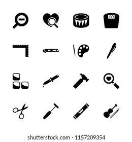 Instrument icon. collection of 16 instrument filled icons such as ruler, manicure scissors, hummer, pen, palette, heart search. editable instrument icons for web and mobile.