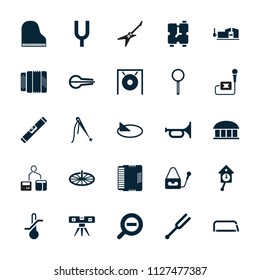 Instrument icon. collection of 25 instrument filled icons such as observatory, vice clamp, level ruler, trumpet, sewing. editable instrument icons for web and mobile.