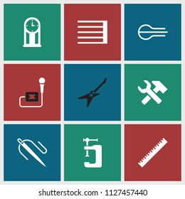Instrument icon. collection of 9 instrument filled icons such as ruler, vice clamp, pendulum, hummer and wrench, sewing. editable instrument icons for web and mobile.