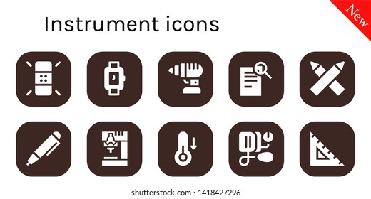 instrument icon set. 10 filled instrument icons.  Simple modern icons about  - Eraser, Wristwatch, Drill, Search, Pencils, Pen, Temperature, Blood pressure, Ruler