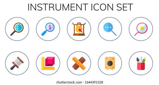 instrument icon set. 10 flat instrument icons.  Simple modern icons such as: search, cabasa, measure, gong, clave, loupe, cajon, pencil case