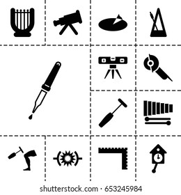 Instrument icon. set of 13 filled instrumenticons such as ruler, electric saw, level ruler, pipette, knee hammer reaction check, medical hammer, xylophone, metronome, sundial