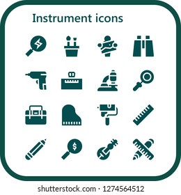  instrument icon set. 16 filled instrument icons. Simple modern icons about  - Search, Pencil case, Artist, Binoculars, Caulk gun, Piano, Microscope, Magnifying glass, Toolbox