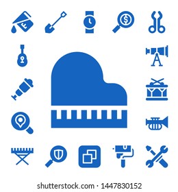 instrument icon set. 17 filled instrument icons.  Collection Of - Measure, Guitar, Spyglass, Piano, Search, Telescope, Drum, Trumpet, Electric piano, Shovel, Wristwatch, Size