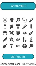instrument icon set. 25 filled instrument icons.  Simple modern icons about  - Vision, Pencil, Search, Stethoscope, Pen, Rake, Bagpipes, Paint roller, Saw, Ruler, Guitar, Trumpet