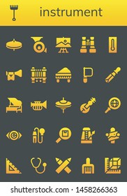 instrument icon set. 26 filled instrument icons.  Simple modern icons about  - Cymbals, Rake, French horn, Paint, Binoculars, Thermometer, Trumpet, Sewing machine, Piano, Saw