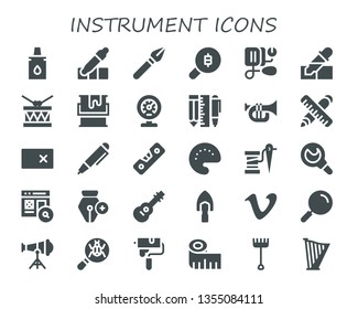 instrument icon set. 30 filled instrument icons.  Simple modern icons about  - Eyedropper, Pen, Search, Blood pressure, Pipette, Drum, Paint, Meter, Tools, Trumpet, Ruler, Erase